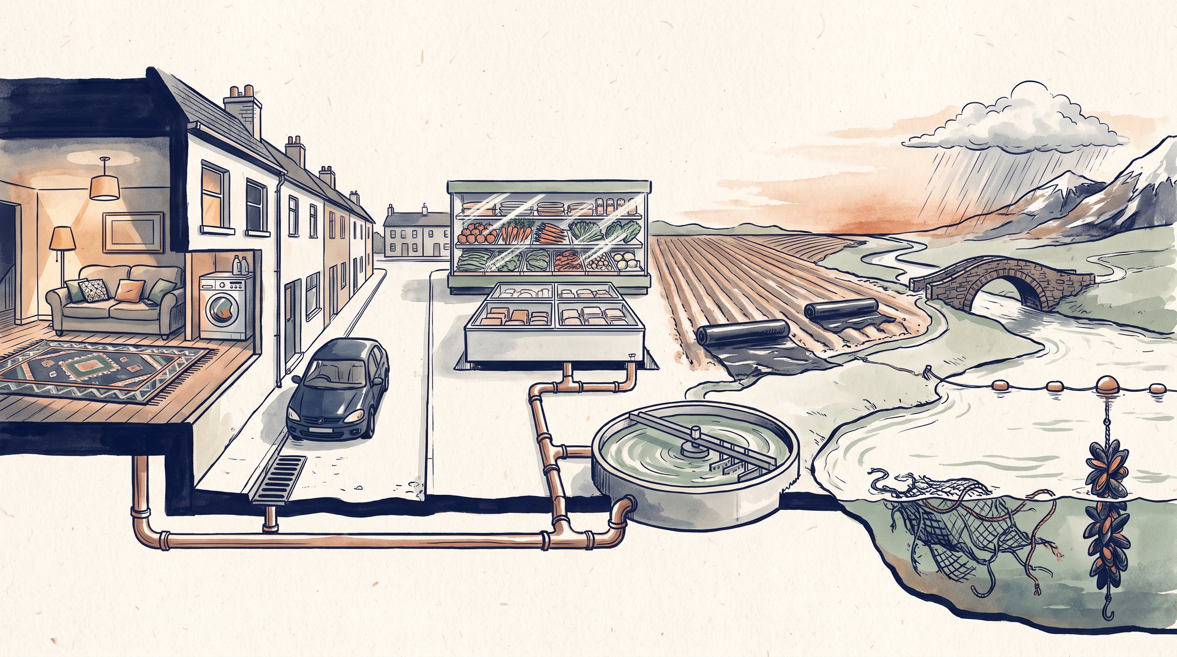 Illustration of the route the series follows: an apartment cut open at the left, a street with a storm drain, a supermarket, a wastewater works, a field with plastic mulch, a river under a stone bridge, and the sea under a rain cloud at the right.