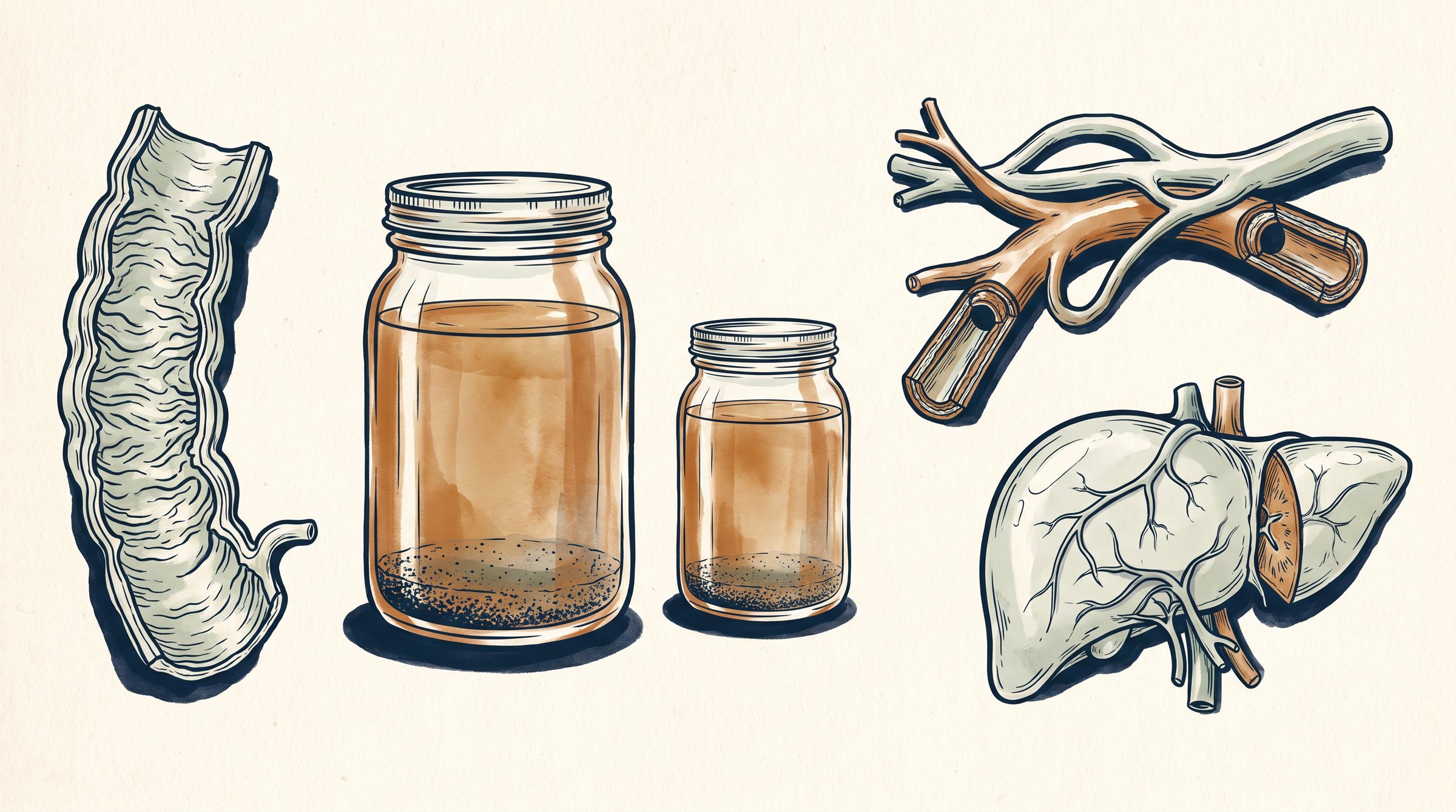 Illustration of the passage: the colon wall, the stool sample, the infant stool sample, the bloodstream, the liver