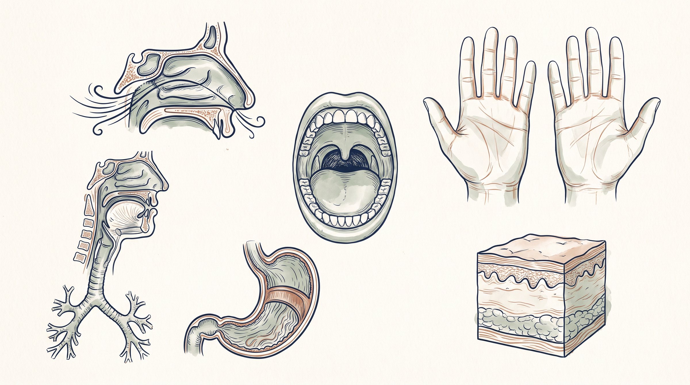 Illustration of the way in: the breathing zone, the nose and the swallow, the mouth, the hands, the plate and the glass, the skin