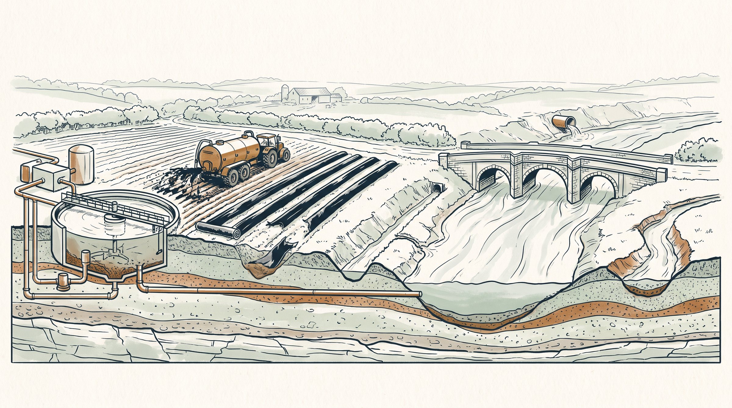 Illustration of the field and the river: the treatment works, the sludge spreader, the mulch film, the floodplain soil, the river, the thousand smaller rivers