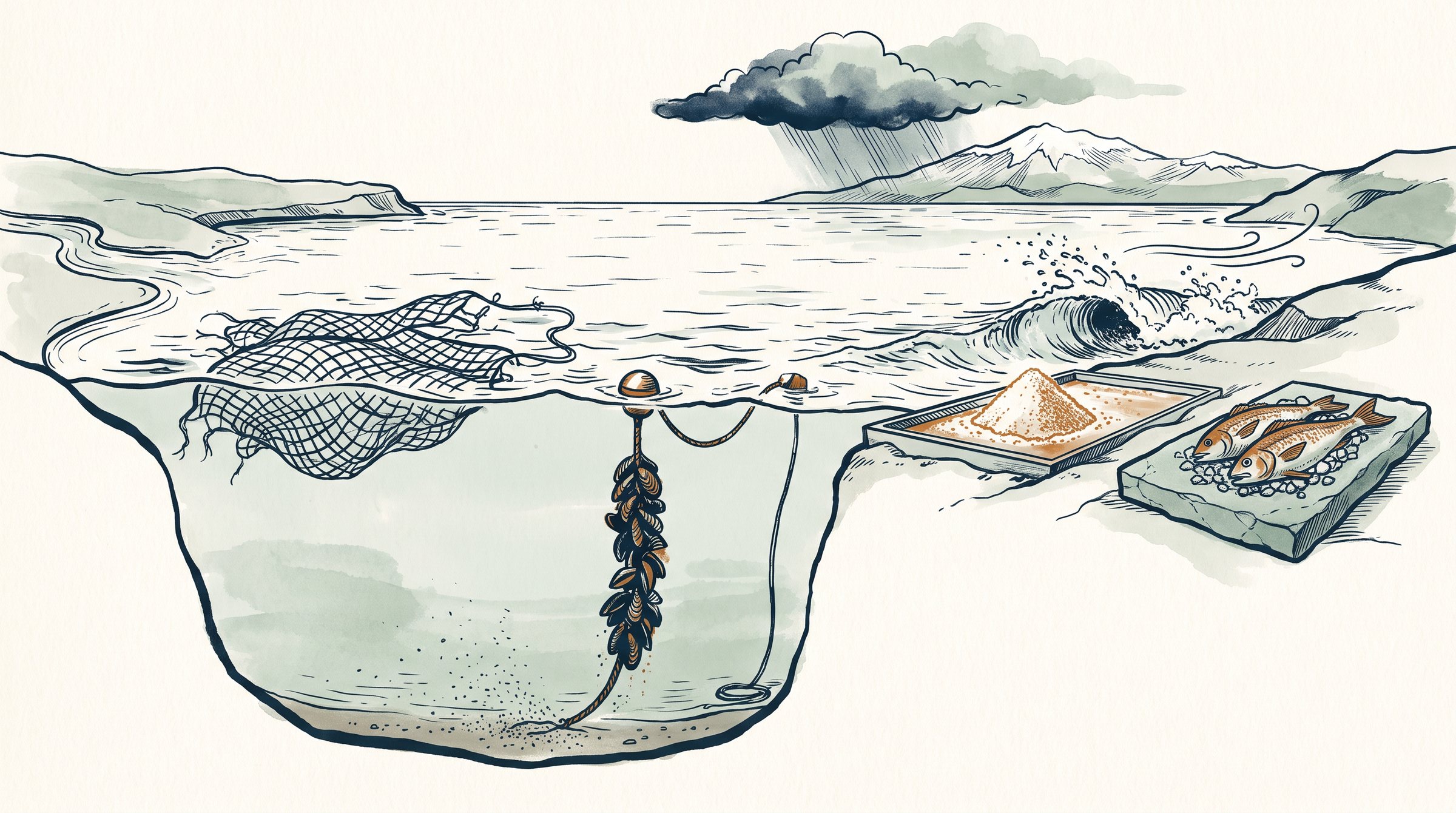 Illustration of the sea and the sky: the surface of the gyre, the sea floor, the salt pan, the fish counter, the mussel rope, the snow line, the spray off the wave