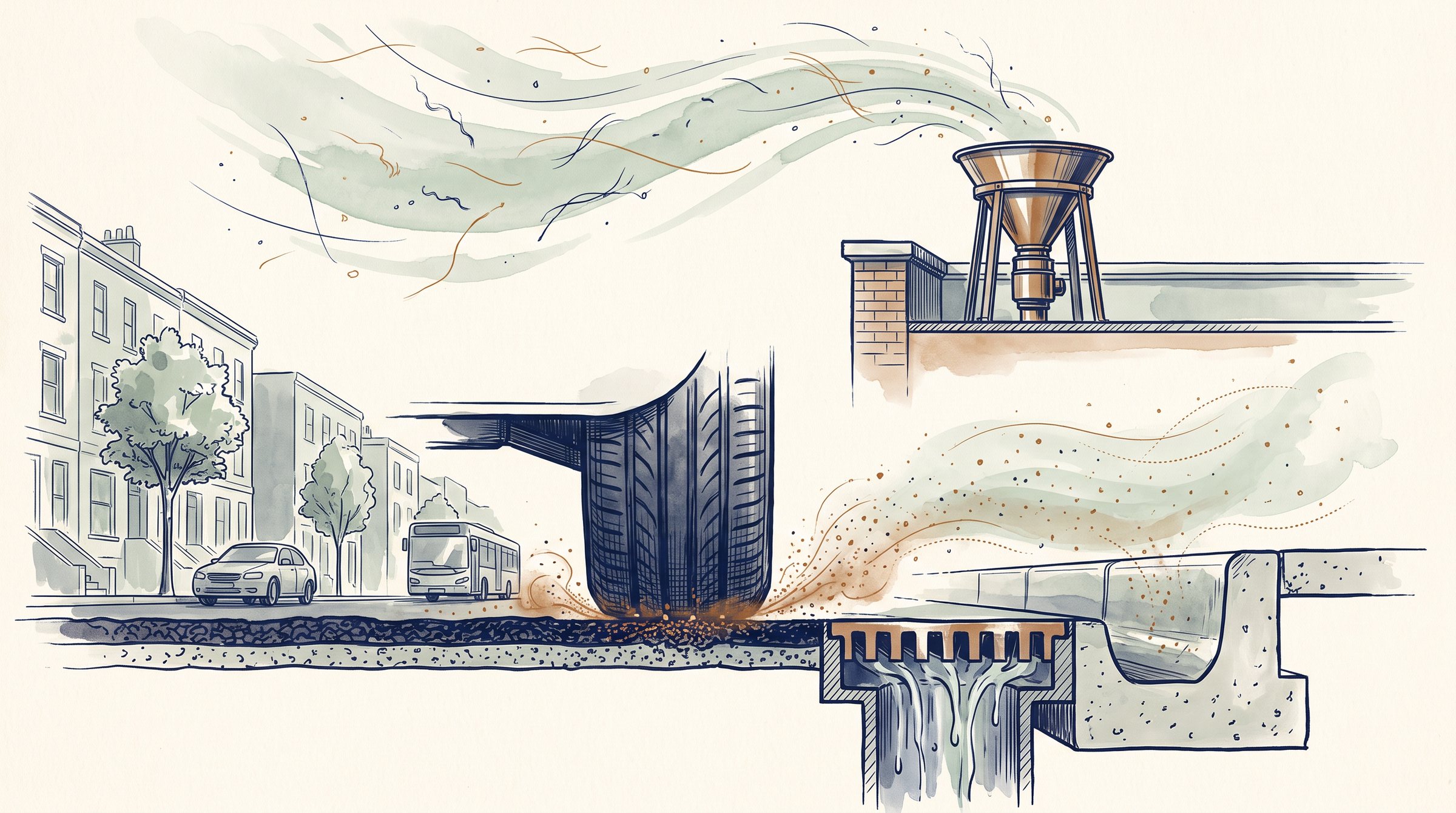 Illustration of the street: the tyres, the air at the kerb, the rooftop above the street, the sky over the city, the storm drain