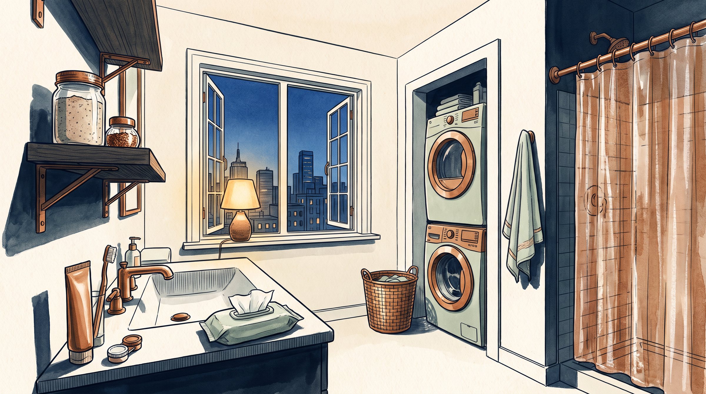 Illustration of bathroom: the toothpaste, the scrub and the glitter, contact lenses, wet wipes, the washer and dryer nook