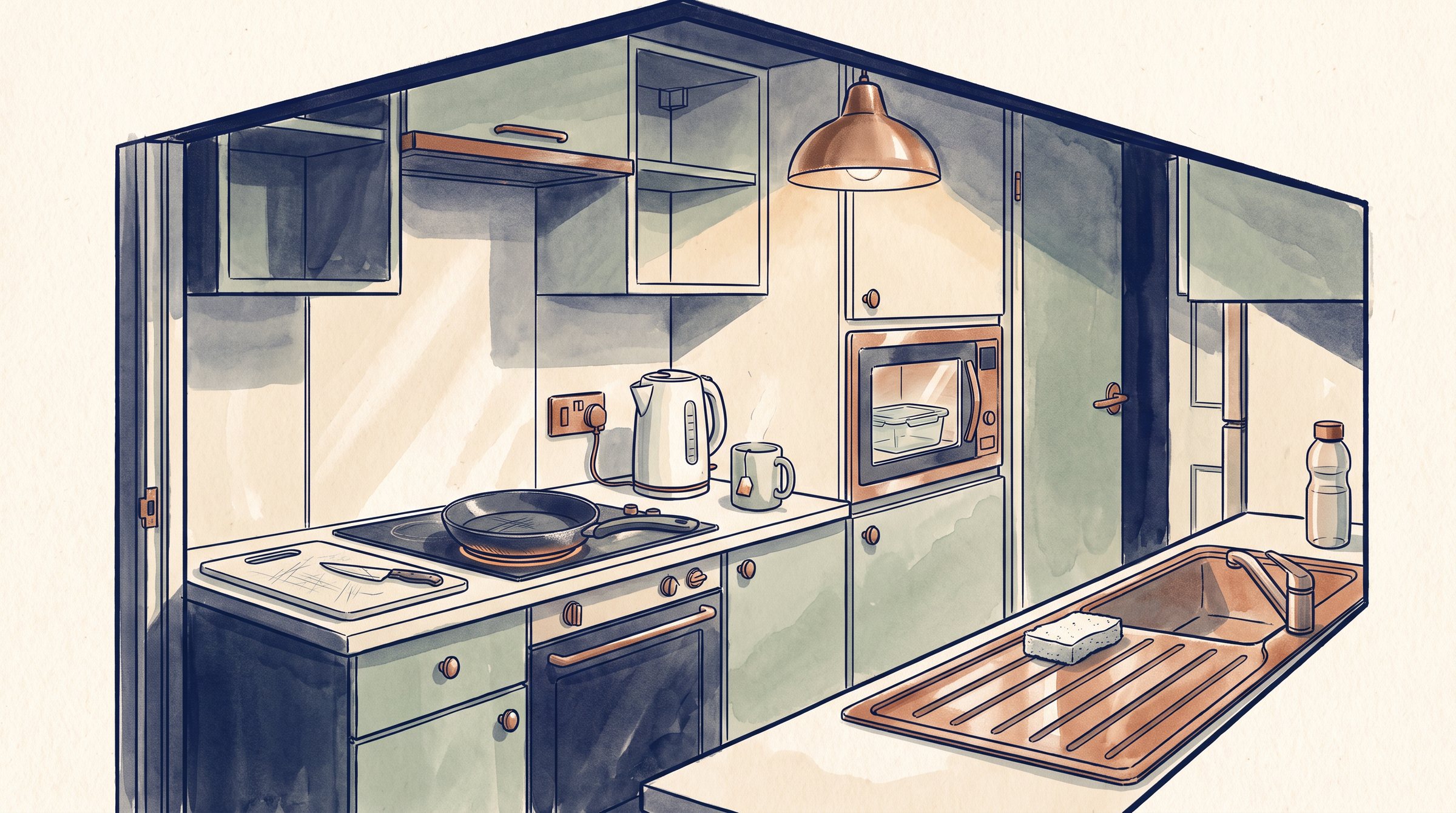 Illustration of kitchen: the cutting board, the nonstick pan, the kettle, the tea bag, leftovers in the microwave, the sponge, the water bottle