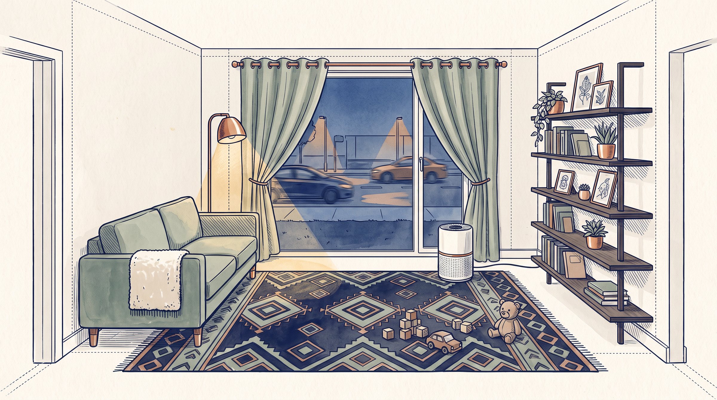Illustration of living room: the rug, the sofa and the curtains, the floor, where children sit, the open window, the air purifier