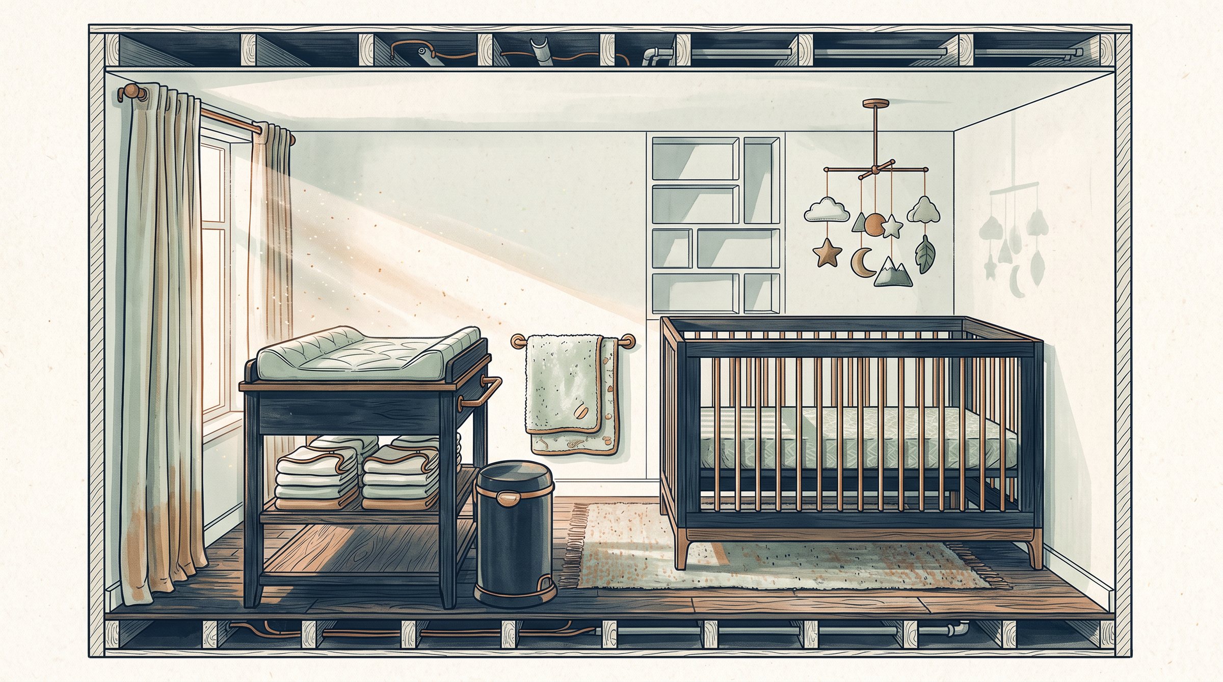 Illustration of the change: the newborn's first nappy, another first nappy, counted again, the nappy at one year, the changing mat, what falls from the air