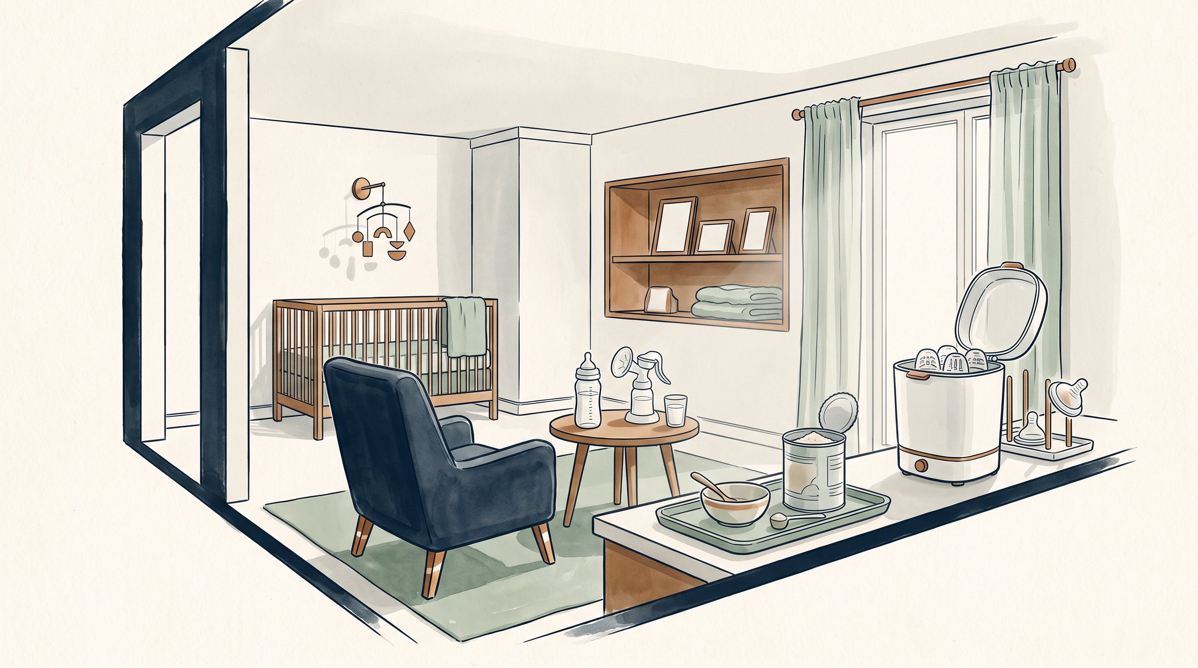 Illustration of the feed: the bottle, the teat, the formula tin, the breast milk