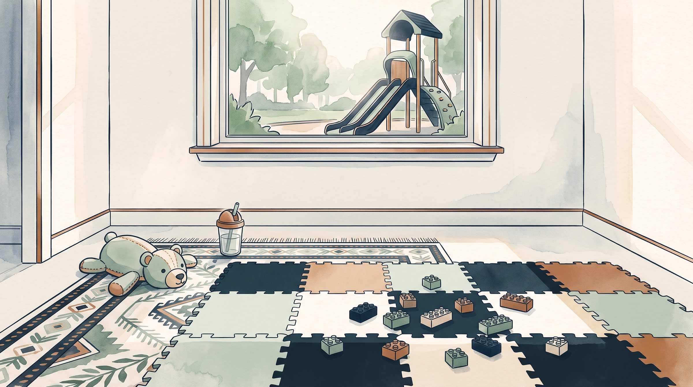 Illustration of the floor: the rug, the play mat, the building bricks, the straw cup, the playground outside