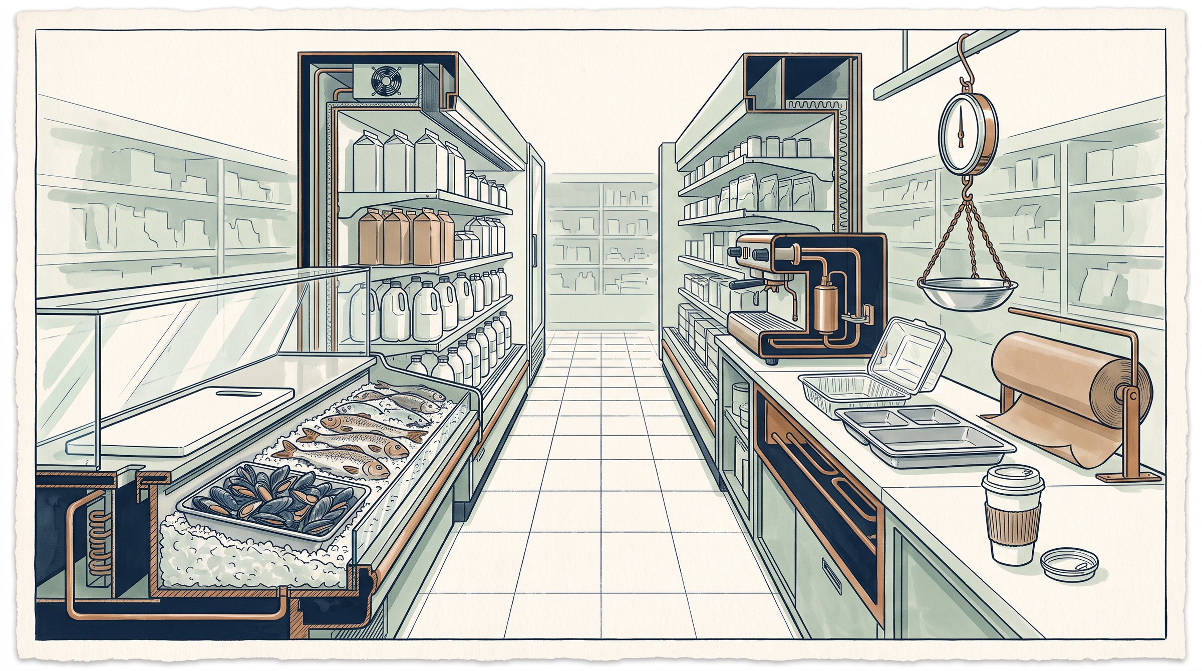 Illustration of the counters: the board behind the deli counter, the fish counter, the milk fridge, the cup at the coffee bar, the hot food counter