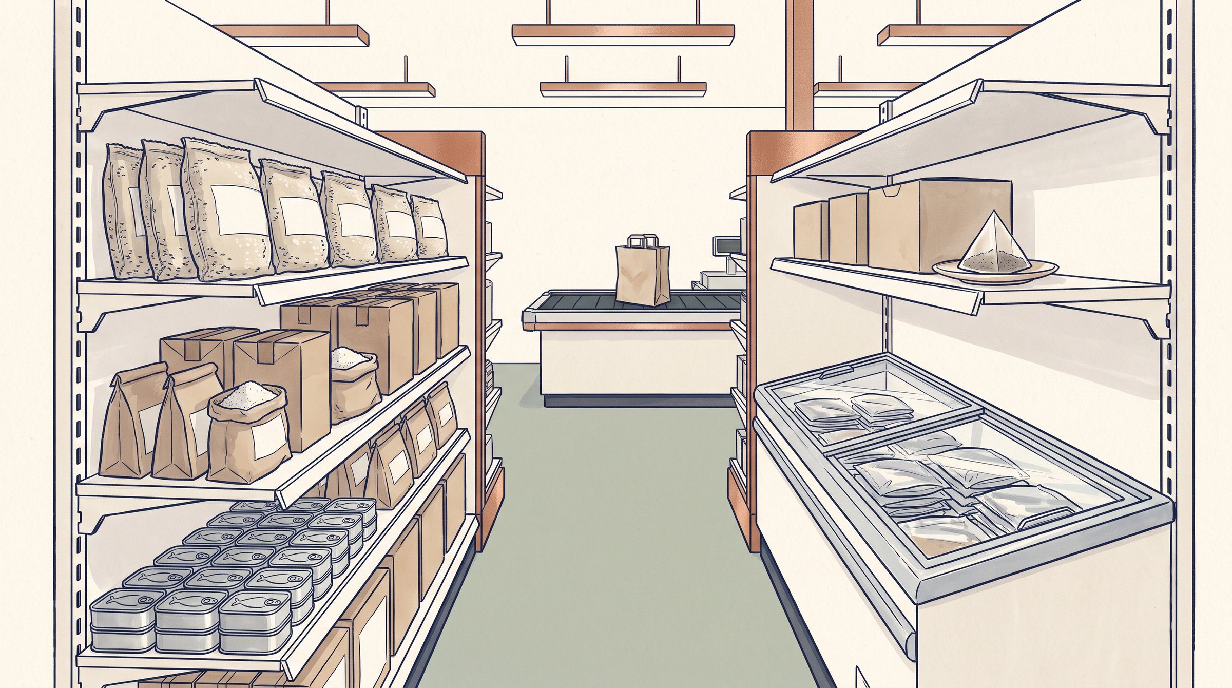 Illustration of the dry aisles and the freezer: the rice, the salt, the sugar, the tin of sardines, the tea bags, the freezer case