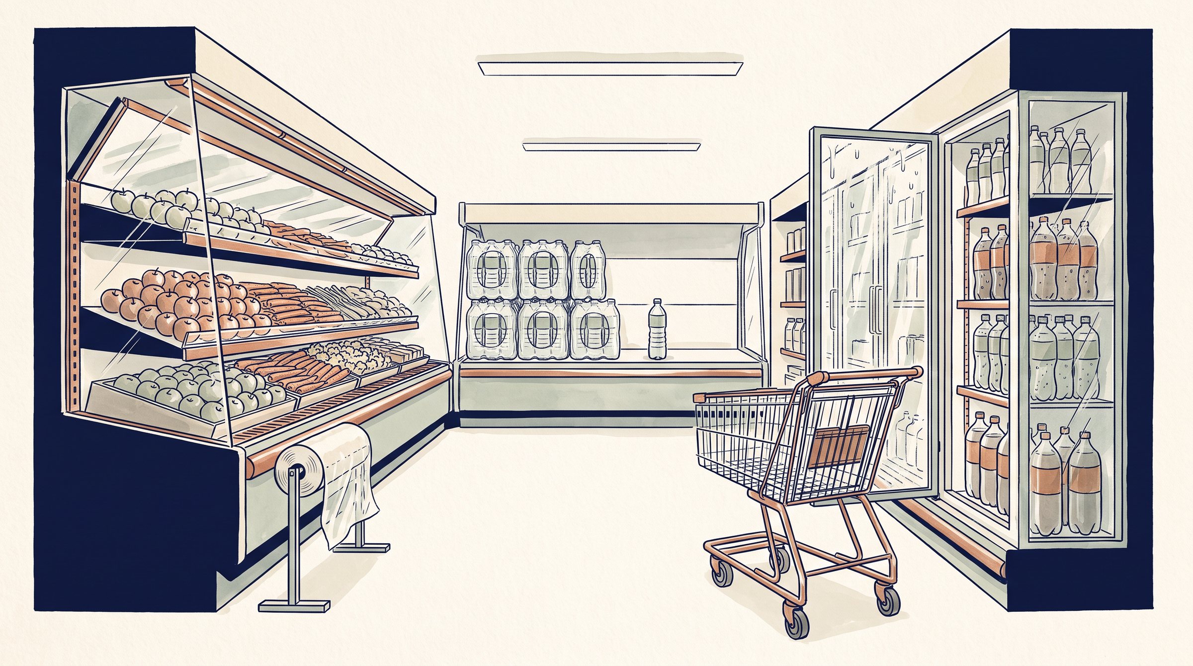 Illustration of the front of the store: the wall of wrapped produce, the bag you tear off the roll, the bottled water shelf, the same bottle, counted again, the fizzy drinks fridge